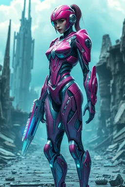 Hyper-realistic full-body 3D surreal digital painting of a female cyber android warrior, elegant armored magenta exoskeleton, crystalline embedded weapon systems, standing in a ruined futuristic city with deep teal sky, cinematic lighting, ultra realistic textures, masterpiece, 8k