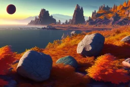 autumn vegetation, exoplanet in the horizon, big stones, cliff, science fiction.