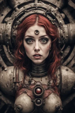 Closeup Girl siren with big eyes, fullbody, dieselpunk, valves rising from the ground, the perspective looking up from the bottom of an empty well , 8k, macro photography by <John Kenn Mortensen>, darkred tones,