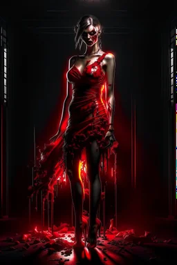 12k ultra-high-definition rendering of a zombie model in a photo studio ,The zombie, adorned in a red ripped tight dress, ripped sideways from top to bottom, long slit, shoes are fashionable platforms, big gun on side thigh, exudes a sinister aura under the studio's dark and mysterious lighting