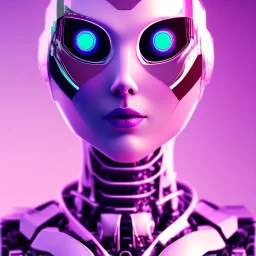 One eye Modern robot face, Sci-fi character, purple backlight, pink and purple, scifi suit, profile, purple background, pink lighting