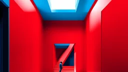 A minimalist architectural interior bathed entirely in a vibrant red hue, encompassing the walls, floor, and ceiling. The space is punctuated by two windows, one revealing a distant figure in a meditative pose against a stark white backdrop, and the other offering a glimpse into a room with blue walls. A doorway frames a man ascending a staircase, his back turned to the viewer, adding a sense of depth and narrative to the scene. The lighting is stark, casting sharp shadows that accentuate the ge