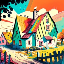 drawing of a colourful village farm building in the style of art novel