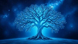 A large and sturdy tree of life in the center with luminous branches in a blue and galaxy-colored space in a special, eye-catching and psychedelic space.
