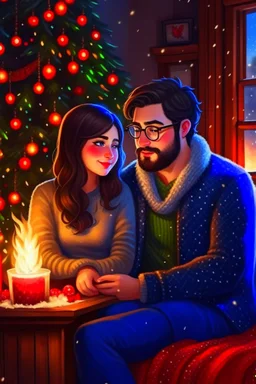 Fire place Christmas scene, dark haired couple, man with short black beard and glasses, woman with long hair, blue eyes, young couple, graphic