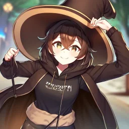 Clear focus, High resolution, short brown spiky hair, hair between eyes, eyes closed, wearing a brown detective hat, wearing a brown jacket and a black shirt, wearing black shorts, 1girl, pulling hat down, smiling, wearing a oversized hoodie