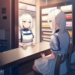 one anime girl in a waitress uniform sitting at a booth in a busy diner with two identical white coffee cups on the table, one white teacup is full and the other white cup is empty, windows and a door, cashier, customers, emphasis on two white coffee cupscups