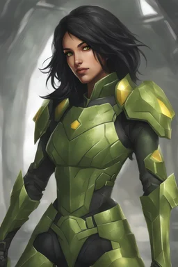 a young female with green scaleskin and black hair and yellow eyes in stealth armor