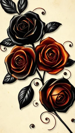 Steampunk roses, shiny black hearts, black swirls, brown swirls, bronze swirls, crisp quality, beautifully lit