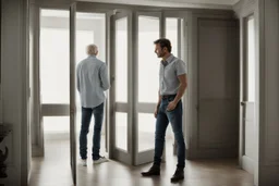 man in jeans and a shirt standing in a room of doors