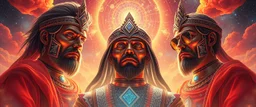 portrait of inter-galatic handsome power broker dynasty family , the first nation, witchcraft, cyberpunk village, sci-fi, strange chrome vessels, volume light from stars through clouds, goa trance poster