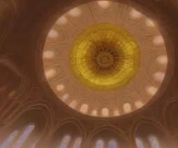 Stained glass Rose under glass dome embossed in a cathedral global illumination