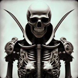 skeleton warrior full with blood in hr giger style, steam punk, realistic, made in octane, cinematic, ultra-realistic, extremely detailed octane rendering, 8K, VRAY Super Real ar 2:3, dof photorealistic futuristic 50mm lens hard lighting dark gray tintype photograph, realistic lighting, sepia color