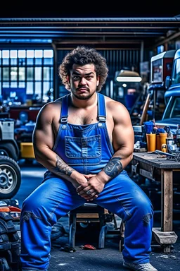 full figure shot photography of a short ugly hefty burly dirty chubby hairy angry man italian 26 years old, short curly hair, shirtless, tattoo, manly chest with bulging opened overalls, angry eyes, inside a mechanical workshop under the sun sitting on the hood of a car, open legs, photorealistic, ambient occlusion, side light , frontal view from the floor