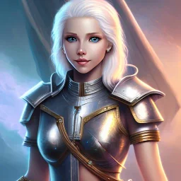 D&D character, female, cleric, platinum blonde hair, gold eyes, smile, teal armor