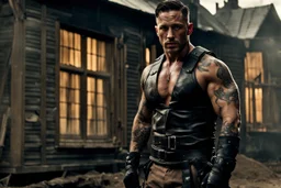 Tom Hardy as Handsome muscular male, 30 years old, Dark brown eyes, Long chocolate brown hair, bare chest covered in tattoos and scars. wearing black combat trousers and heavy boots, hyperrealistic, 4k, dark fantasy, large house in the background