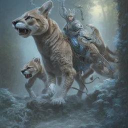 a cougar warrior in blue and white battle armor, a highly detailed illustration, background of Inka jungle, realistic render, 8 k, micro detail, intricate, elegant, centered, digital painting, Artstation, smooth, sharp focus, illustration, artgerm, tomasz alen kopera, peter mohrbacher, donato giancola, joseph christian leyendecker, wlop, boris vallejo