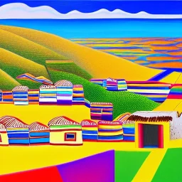 an ultradetailed painting of a peruvian village by the sea, golden ratio, 4 k resolution, 8 k resolution, oil on canvas, landscape with Bright Colors, pop art