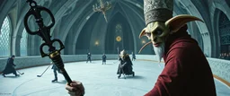 portrait of ice queen with bishop staff, pin hole cam, master oil painting by Rembrandt, d&d glam rock and glitter vampire gremlin illithid and lich playing hockey in ice skating hall or church, in the style of giger and escher, sci fi with floating little saucers