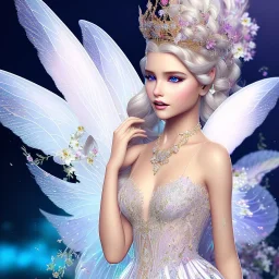 fantasy fairy with transparent wings, happy, make up, long platinum blond hair with crown and flowers, arcoris dress