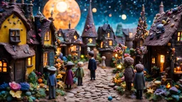 Detailed people, creepy street made of modeling clay, naïve, village, stars and planets, sun, splops, volumetric light flowers, naïve, Tim Burton, strong texture, orero dream, extreme detail, Max Ernst, decal, rich moody colors, sparkles, Harry Potter, bokeh, odd