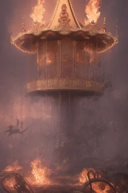 An Abandoned Carousel In Flames, Hyperdetailed, Digital Painting, Digital Illustration, Extreme Detail, Digital Art, 4k, Ultra Hd, Realistic And Natural, Detailed, Hyperrealism, Concept Art, Matte Painting, Trending On Artstation, Greg Rutkowski, Johan Grenier .