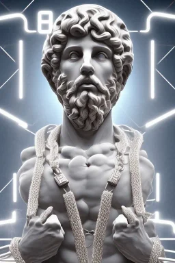 Humans are created free, but they are always in a chain that they have woven themselves، The chain is sent from the top by the icon of virtual programs such as Insta, Twitter, Facebook, and at the bottom it wraps around the Greek statue of man who struggling , neon light , future classic style, unreal engine , fuul body statue