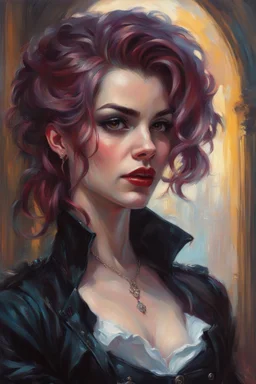 oil painting of a gothpunk mercenary vampire girl with highly detailed hair and facial features ,in the painting style of Daniel F. Gerhartz, with a fine art aesthetic and a highly detailed brushstrokes, realistic rococo style