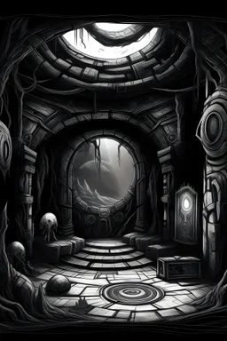 portal of terror showing war artifacts], tranditional art on black and white wide screem