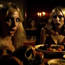 Horror movie shot, spooky, hot, ultra realistic, dine, horns, ultra realistic hot blonde women, party, pieces of meat, organs, ail, dynamic, very excited people, hypermaximalist figures, light, 1970's Italian horror movie, sinister,, Dario Argento, Stanley Kubrik, ornate, 4k, photorealism