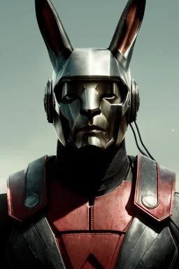 Medium Close Up Portrait, Front image. cyberpunk, rabbit mask helmet, strong man, titanium hair. Leather suit. Black, red, color. Thor style. Color background, photo studio. Avatar image, highly detailed, concept art, smooth, unreal engine 5, ray tracing, RTX, lumen lighting, ultra detail, volumetric lighting, 3d, finely drawn, high definition, high resolution.