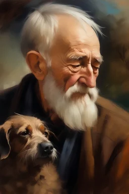 Retrato de plano medio de hombre viejo sin barba mirando para abajo con su perro en óleo ,impresionista