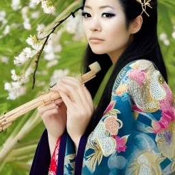 portrait of asian goddess wearing traditional kimono and holding bamboo umbrella, stunning, beautiful, gorgeous, cherry blossoms, realistic, photo illustrative, ornate, 8K resolution, high-quality, fine-detail, digital art, detailed matte, brian froud, howard lyon, selina french, anna dittmann, annie stokes, lisa parker, greg rutowski, alphonse mucha