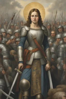 Portrait Art **Featured Art:** The Savior of France: A piece showing Joan leading an army, with the soldiers representing the labor force. Their faces could be made up of words or symbols representing labor rights and laws. **Appearance:** art ideas that encapsulate the essence of Joan of Arc (an French female / women patron saint of France, honored as a defender of the French nation for her role in the siege of Orléans and her insistence on the coronation of Charles VII of France during the Hun