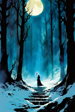 create a wildly conceptual illustration of sorceress coven gathering in an ethereal, otherworldly , darkened, ancient winter forest , in the comic book art style of Bill Sienkiewicz, Mike Mignola, Sparth, and Jean Giraud Moebius, finely drawn, colored and inked, suffused with dramatic natural light and shadow under a midnight blue moon