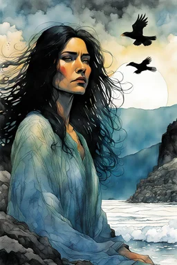 create an ink wash and watercolor print illustration of a raven haired female Salish shaman with finely detailed hair and feminine facial features, along the rocky shore of Vancouver Island , in the comic book art style of Bill Sienkiewicz, Mike Mignola, and Jean Giraud Moebius, finely textured, drawn, colored, and inked, suffused with the dramatic natural light of dawn