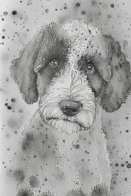 Abstract wet watercolour of a black and white bernadoodle, ink lines, interlinked circles, detailed,focus on eyes, watercolour paper