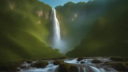 The image showcases a mesmerizing view of a massive waterfall cascading from the top of a mountain hill, with the waterfall soaring to a great height and flowing forcefully into the valley amid lush green trees and vegetation. The image reflects the beauty and power of nature and its enchanting impact on the surrounding environment, inviting viewers to explore these magnificent natural landmarks around the world.