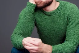 Man thinking hard in green sweater