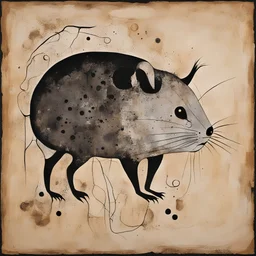 creepy ancient cave painting of hamster with horse teeth, symbolic cave art, abstract surrealism, by Squeak Carnwath and Victor pasmore, silkscreened mind-bending smooth illustration, dark colors, sharp contrast, highly focused