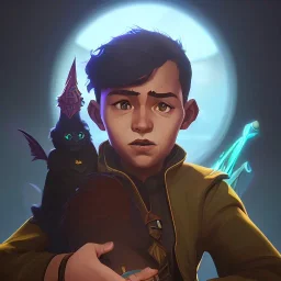 Portrait of a wizard kid with his pet gargoyle by Nick Harris