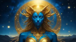 The goddess appears on a starry night. Her eyes glow with an unearthly hue, and her antennae move delicately in the void of space. The body, shrouded in a golden aura, glows, reflects the light of the surrounding stars. Blue, Despite her alien appearance, her beauty is almost otherworldly, conveying a sense of calm and mystery.