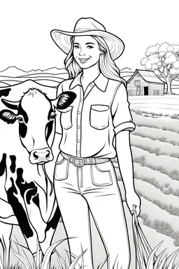 B/W outline art,coloring book page, full white, super detailed illustration for adult,cartoon style "Beautiful Country Girl: A Girl with Braided Hair Standing Next to the Cow" coloring pages, crisp line, line art, high resolution,cartoon style, smooth, law details, no shading, no fill, white background, clean line art,law background details, Sketch style, strong and clean outline, strong and black outline