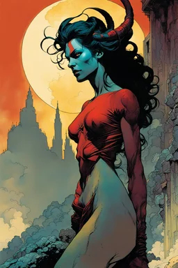 create a ethereal, otherworldly seductive ancient female succubus , in the comic book art style of Mike Mignola, Bill Sienkiewicz, and Jean Giraud Moebius, with highly detailed and sharply defined feminine facial features , finely penciled and inked , dramatic natural lighting