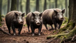 wild pigs with tusks in woodland