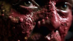 extreme close up the exorcist, augmented reality, pantomim, masks, eerieland, abstract surrealism, glitter, calotype combineted transparent burgundy and random color, tintype , performance art