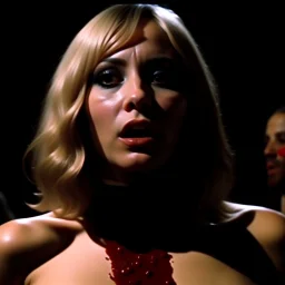 Horror movie shot, spooky, hot, ultra realistic, dine, black, ultra realistic hot blonde women, party, pieces of meat, organs, ail, dynamic, very excited people, hypermaximalist figures, they come, 1970's Italian horror movie, sinister, enorme cazo, Dario Argento, Stanley Kubrik, ornate, 4k, photorealism