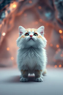 A cute fluffy cat standing, full frame, facing front, white plain background, diamonds, gems, sparkling dots, in crystal cave background, style Darek Zabrocki, magic realism, gradient colors, cinematic lighting, bokeh, Ultra-detailed Quality 3D, 3d render octane, Unreal engine 5 effects, VFX, Isometric, Made in blender, 8k sharp focus, cinematic, ultrahd, highly detailed, ultra photorealism fantasy