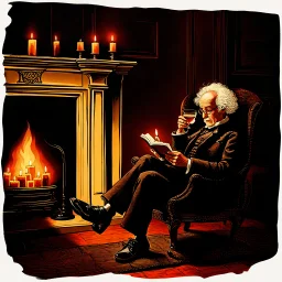 A pleasant and charming scene of a 70-year-old man in the Victorian period sitting on a wing chair next to the fireplace and reading The Times of London while enjoying a glass of wine on a winter evening. The man has a balding forehead and curly white hair. He wears black shoes and sits by the hearth on which candles are lit in candlesticks. On the wall hang paintings of an English countryside landscape. A boxer dog is napping on a carpet on the floor next to the woman. . The room is lit by th