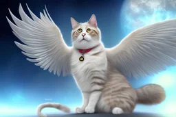 A cat with wings is flying in the sky. 3/4 side view. digital art.